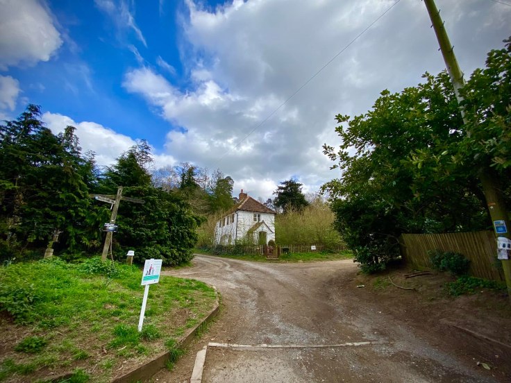 Take the gravel track - the North Downs Way - which runs down the left-hand side of Chantry Cottage