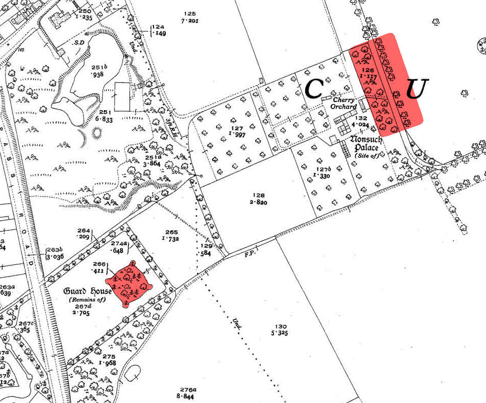 The larger block of red on the right shows roughly were the palace building was - you can see The Avenue runs through the middle of it